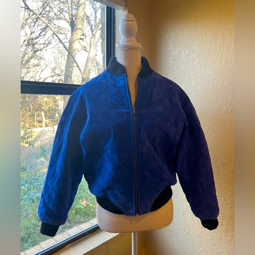 Blue leather suede Interin Vintage Jacket Women Medium